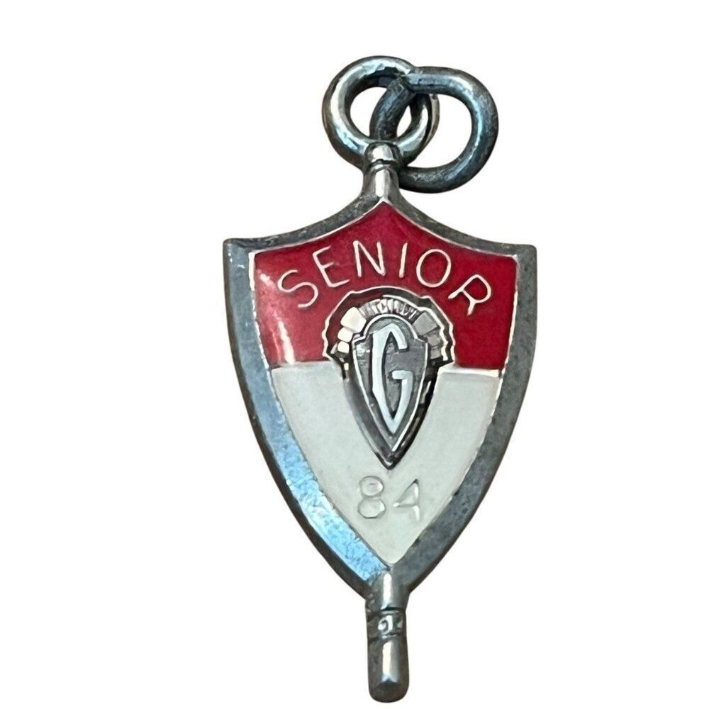 1984 Senior Key Pendant G High School Jostens Red & White Engraved on Back Vtg